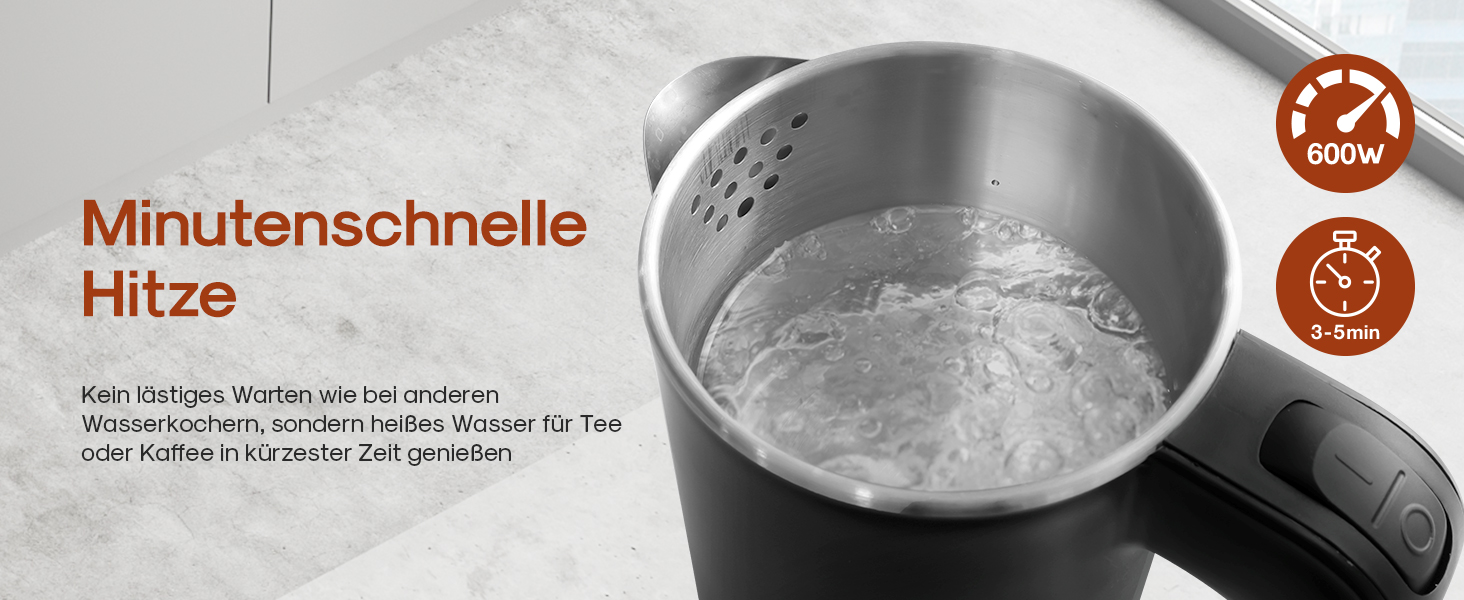Електричний чайник для подорожей LEBENLANG Edelstahl 500 мл - нержавіюча сталь, BPA-Free, 600W, білий, енергоефективний, 0.5 л, для кемпінгу та подорожей (чорний)