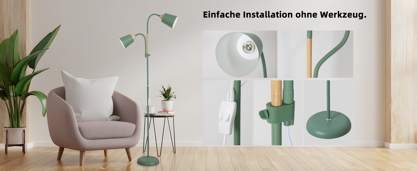 Стійка лампа ANTENLICHT YOYO з двома висувними лампами | 2xE27, 60W | 360° регулювання | Вінтажний дизайн, метал | 159 см, зелений | Без лампочки