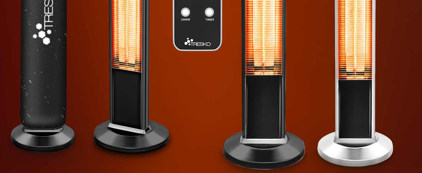 Інфрачервовий обігрівач TRESKO 2000W з пультом дистанційного керування | Тепловий випромінювач для тераси, електричний, 3 режими нагріву | Тепловий струмінь для тераси, всередині та зовні | Інфрачервовий обігрівач з LED-дисплеєм, чорний