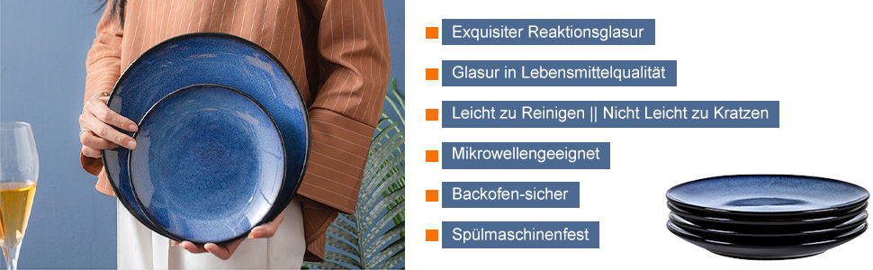 Набір тарілок UNICASA 4 шт. з порцеляни, 16 см, ідеально підходять для супу, десерту, сніданку, сервіз на 4 персони (26 см, блакитний)
