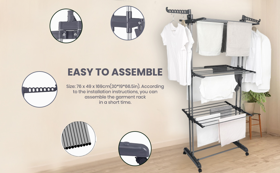 Сушарка для білизни, 4 яруси, сіра, складана, регульована, велика, нержавіюча сталь, для дому та вулиці, зі складними крилами