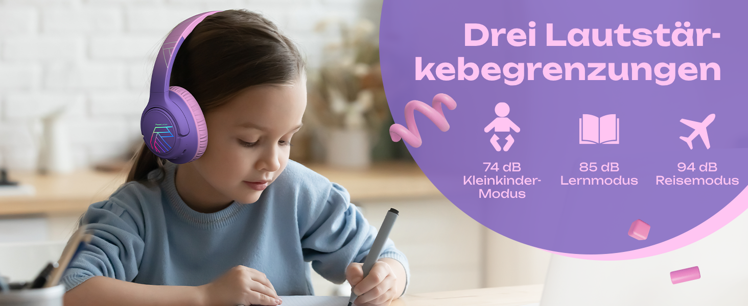 Дитячі навушники PowerLocus Bobo Bluetooth з обмеженням гучності, LED-підсвічуванням, складні, з мікрофоном (фіолетовий)