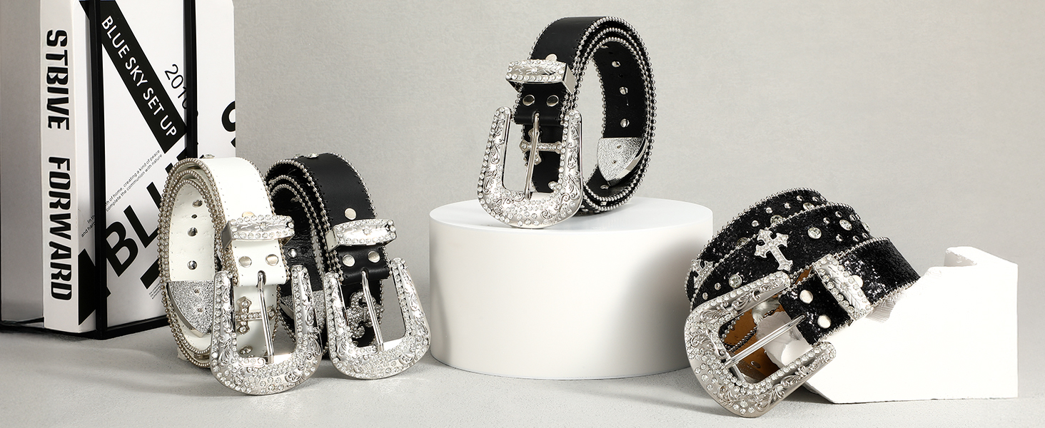 Чоловічий та жіночий шкіряний ремінь SUOSDEY з стразами, ковбойський стиль, 105 см, розмір 71-85 см