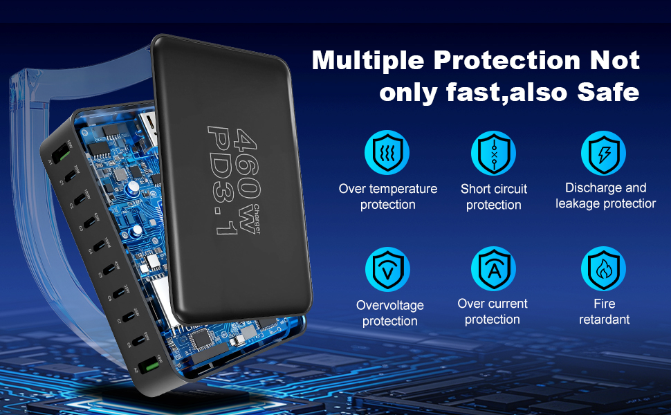 Зарядний пристрій USB-C 460W, 10 портів, PD 3.1 100W/45W/35W/20W для MacBook, iPad, iPhone, HP, Samsung Galaxy та ін. (Сірий)