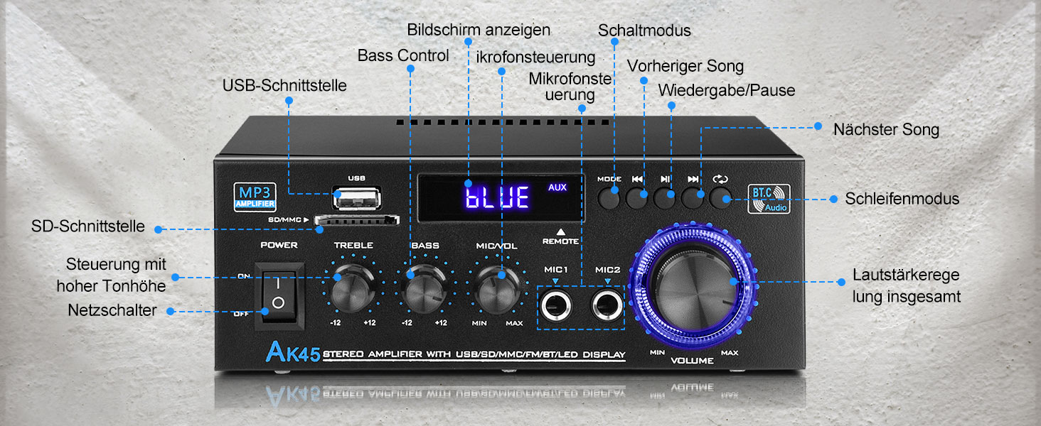 KKMOL AK45 Міні Hi-Fi стерео підсилювач Bluetooth, 400 Вт, 2-канальний, цифровий аудіо підсилювач з USB, SD, радіо, пультом, 12V/220V