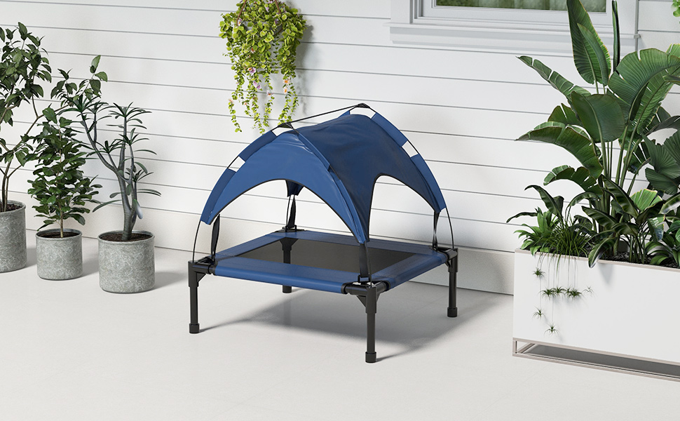 PawHut Підвищене собаче ліжко з балдахіном, Outdoor лежанка для собак з дахом, дихаюча, для міні та дрібних собак, Оксфорд, 61 x 46 x 63 см