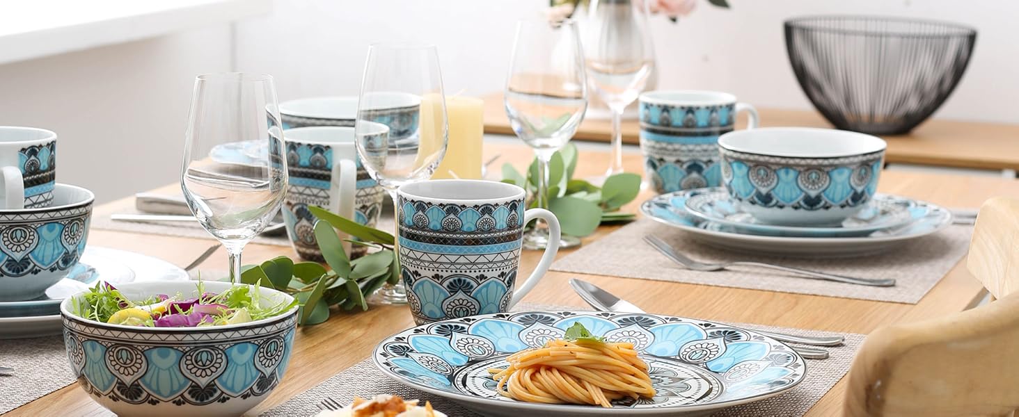 Набір посуду VEWEET на 4 особи, 16 предметів: порцеляновий сервіз з тарілками, мисками та чашками, сумісний з мийкою та мікрохвильовкою, серія Audrie