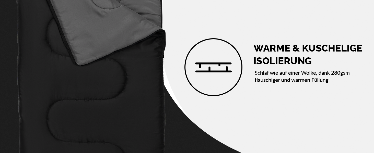 Montaray® Hooded Sleeping Bag -3°C - Outdoor Winter & Summer Sleeping Bag for Men & Women - 3-4 Season, 75x220cm, Hut Sleeping Bag, Black, 280GSM