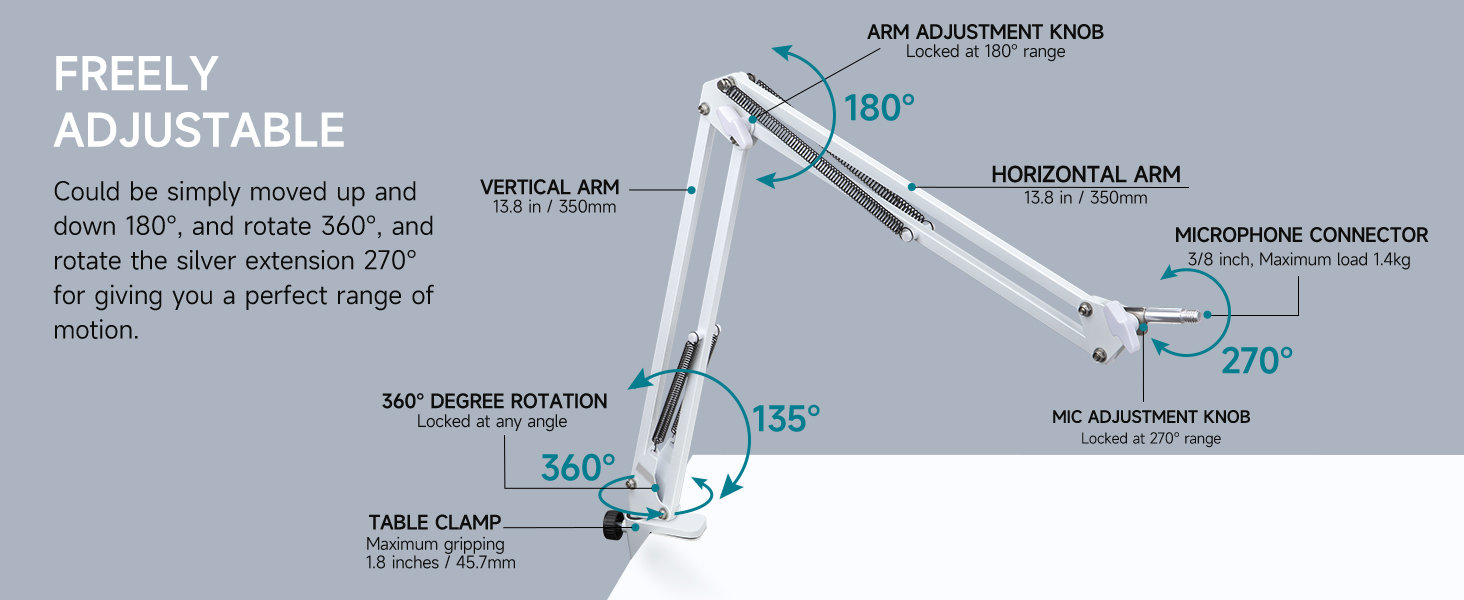Кріплення для мікрофона FIFINE AM8 (білий) - кріплення-кран, штанга для мікрофона, сумісне з FIFINE Recording XLR/USB мікрофонами, стійка для настільного мікрофона AM8, адаптер 3/8' - 5/8' від YOUSHARES