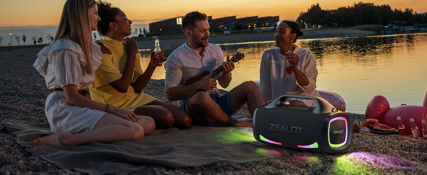 ZEALOT Bluetooth колонка 100W, XBass, Bluetooth 5.2, USB-C, 24000mAh, IPX6 водонепроникна, для кемпінгу, пляжу, басейну, саду - Чорна