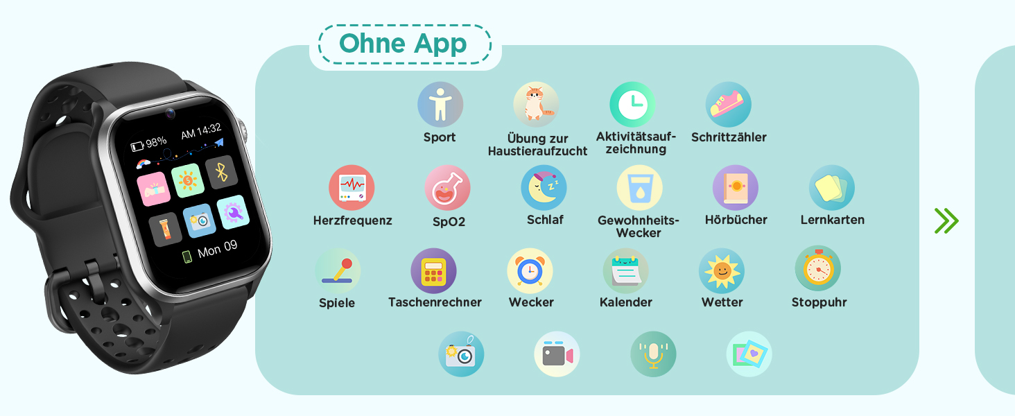 Смарт-годинник RUXINGX для дітей, 1.52″, крокомір, водонепроникний (IP68), з 170+ спортивними режимами, моніторингом серцевого ритму, сном, аудіокнигами, 20 карток для навчання, будильником, чорний