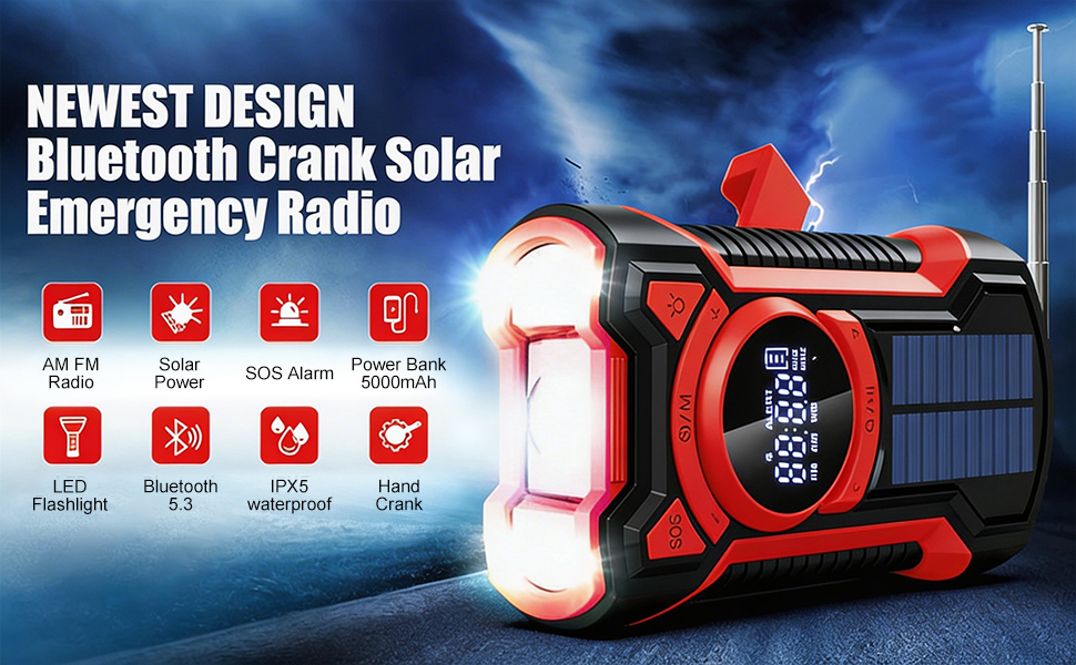 Радіо на сонячній батареї та ручному приводі Gemmac 5000mAh з Bluetooth, USB AM/FM, Power Bank, SOS-сигналом та ліхтариком - для кемпінгу та виживання (Червоне)