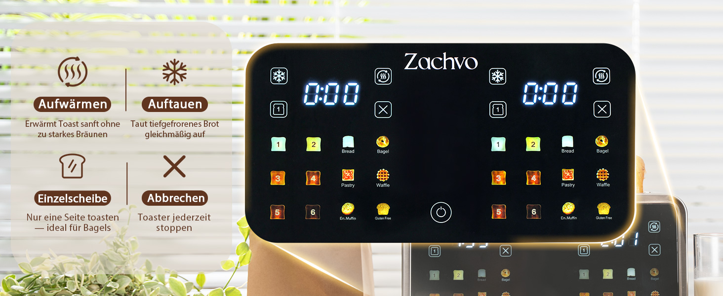 Тостер на 4 шматочки з сенсорним екраном та таймером – нержавіюча сталь, довгі слоти, 2 незалежні зони температури, підставка для бургерів та сендвічів, 6 програм, срібний колір