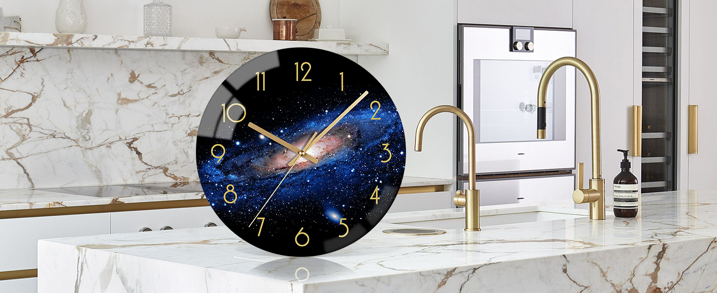 VIKMARI Glass Wall Clock Silent-Non Ticking Wand Clocks - Quality Quartz Battery-Operated Round 12 Inch (Night Sky Pattern)