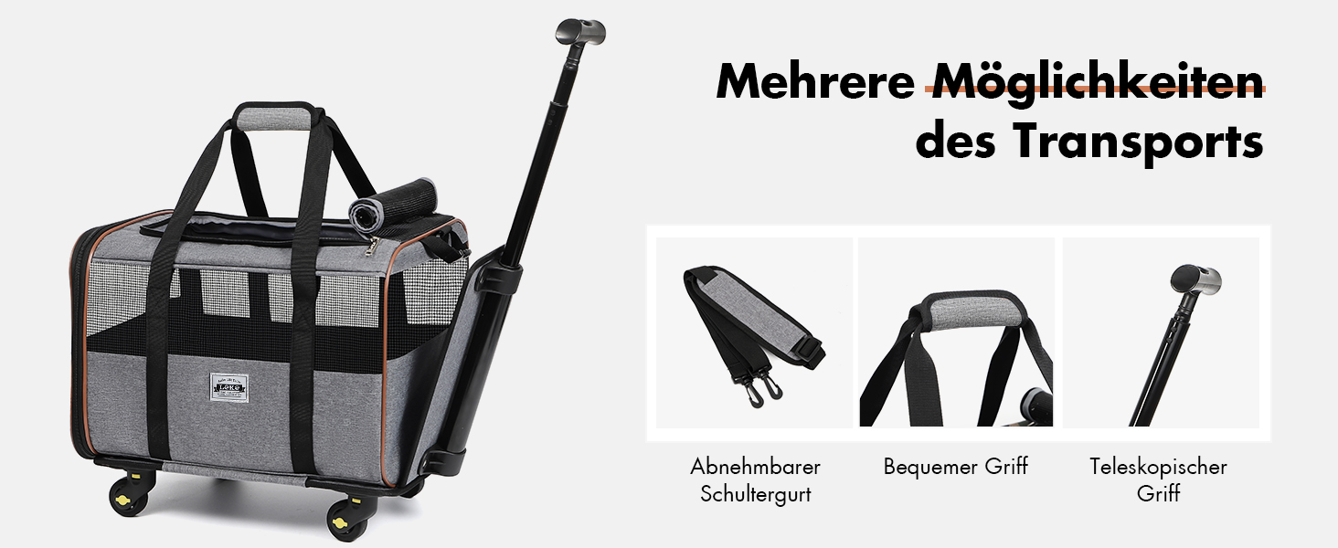 Транспортна переноска для собак та котів з колесами, сірого кольору. З телескопічною ручкою та ременем на плече.