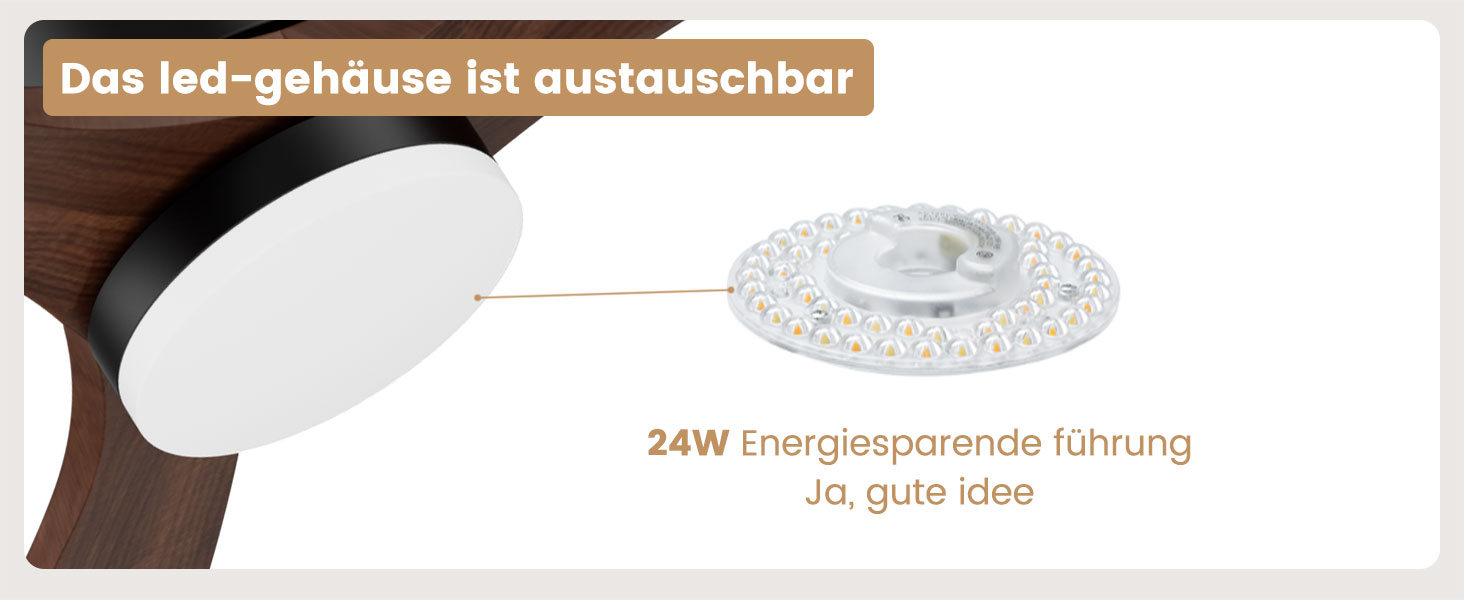 Стеляний вентилятор з дерева з підсвічуванням та керуванням, 132 см, 24W LED, DC-двигун, 6 швидкостей, таймер, пульт дистанційного керування