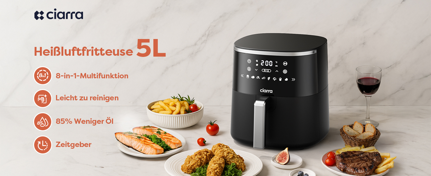 Фритюрниця без олії Ciarra CBAWAF1A AirFryer XL 5л, 1500W, 8 програм, 80-200°C, RapidAir, Touchscreen, Чорний