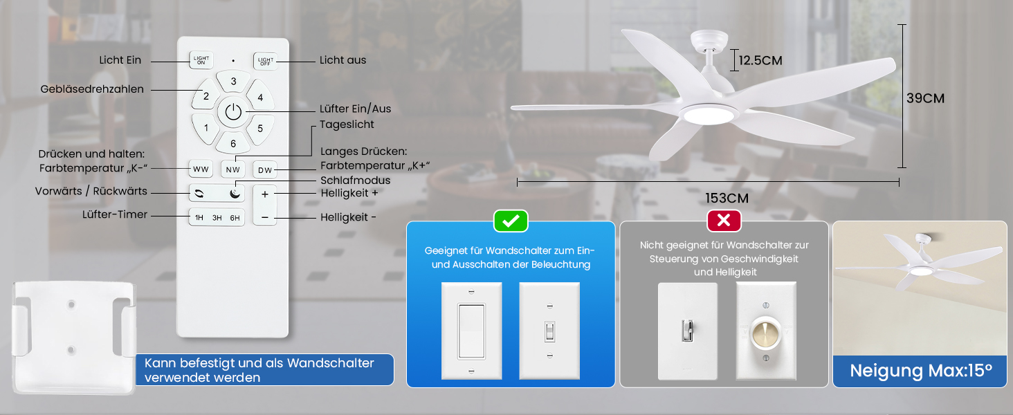 Стеляний вентилятор Newday 153 см, білий з підсвіткою та пультом керування. Безшумний вентилятор-лампа з 5 лопатями, DC мотор, реверсивний, з функцією пам'яті та плавним регулюванням яскравості світла.