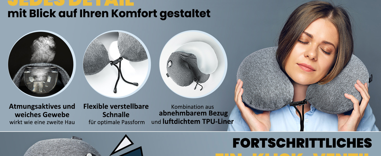 Подушка для шиї HIKENTURE надувна для подорожей літаком/поїздом з чохлом. Зручна подушка-ворітниця для дорослих. Кольори: синій, темно-сірий.