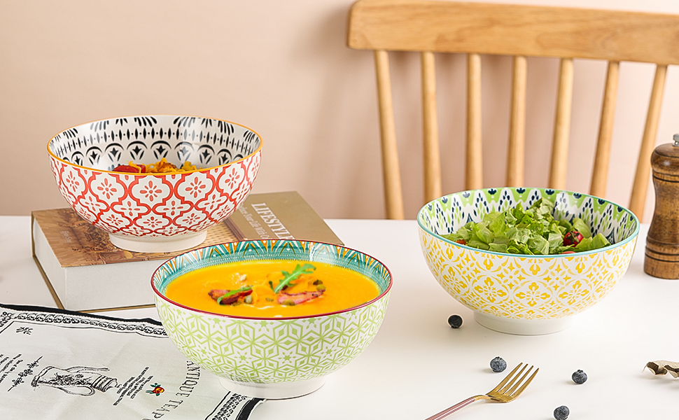 Набір салатників/мисок для супу та пасти з порцеляни, 1.45 л, 3 шт. - Кольорові сервіровочні миски 20 см, підходить для мікрохвильовки та миття в посудомийній машині