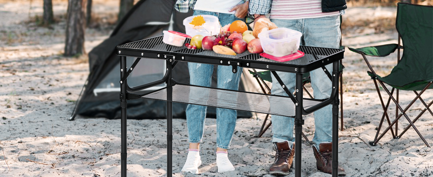 Складний стіл для пікніка REDCAMP 60x40 см, чорний - портативний стіл для кемпінгу, BBQ, приготування їжі на природі з регульованими ніжками