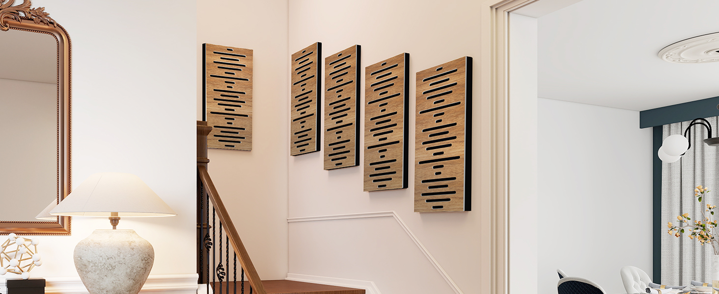 Акустичні панелі JBER для звукоізоляції стін, самоклеючі шумопоглинаючі плити з імітацією горіха (еліптичні лінії), 60×30×4.5 см, 4 шт. — для студії звукозапису та дому