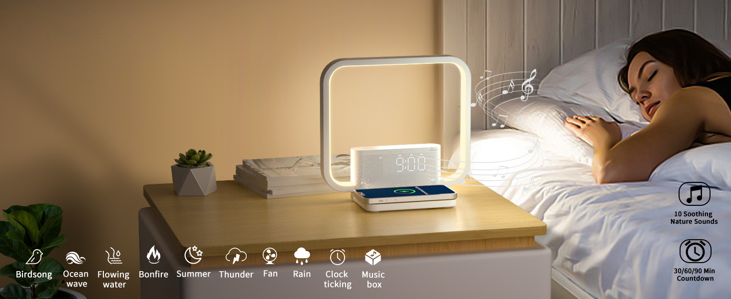 Нічна лампа RETEYUNG з бездроговою зарядкою 10W, 2 будильники, денний світловий будильник, 10 заспокійливих звуків, торкання, регулювання яскравості (3 рівні) (Сучасний дизайн)