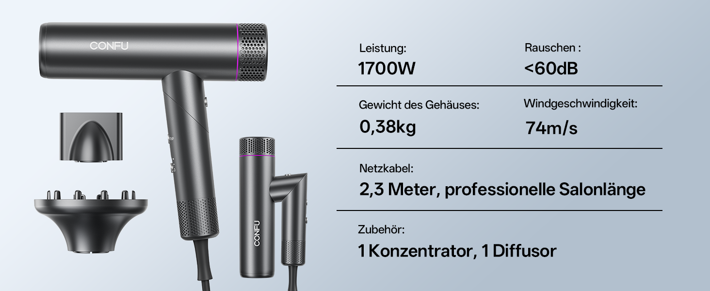 CONFU Professional Ionic Hair Dryer - 1700W Foldable Salon Hair Dryer with Diffuser & Styling Nozzle - Quiet, Long Cord for Home, Salon & Travel