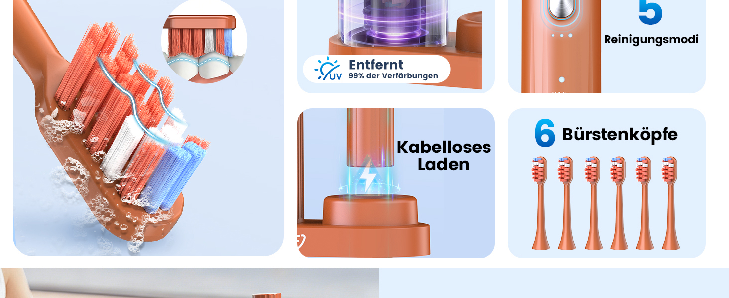 Електрична звукова зубна щітка JTF з УФ-дезінфекцією та сушінням, бездротова зарядка, 5 режимів чищення, 6 насадок, стаканчик для полоскання, акумуляторна для дому та подорожей (Помаранчева)