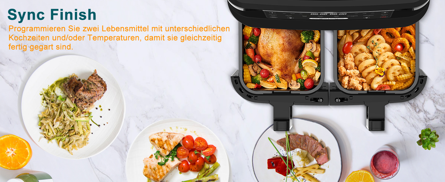 Фритюрниця без олії з 2 камерами, 10л, XXL, 8-в-1, сенсорний екран, таймер, для здорового харчування