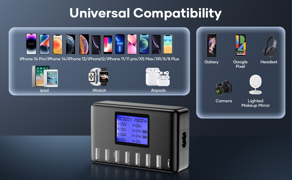 Зарядний пристрій USB 60W, 8 портів, з LCD дисплеєм, USB-C Hub для iPhone, iPad, Android, Samsung, Huawei, Kindle - Чорний