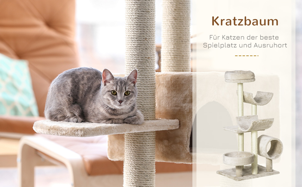 PawHut Дерев'яний кігтеточки для котів, комплексна когтеточка з тунелем, ігровий комплекс, 50 x 40 x 105 см, Бежевий