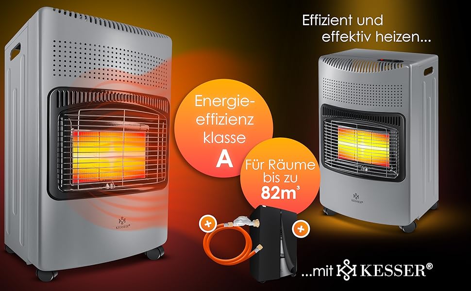 Газовий обігрівач KESSER® 4200W з керамічним пальником, регулятором тиску газу, шлангом та захисним чохлом. Підходить для балонів бутан/пропан до 15 кг.