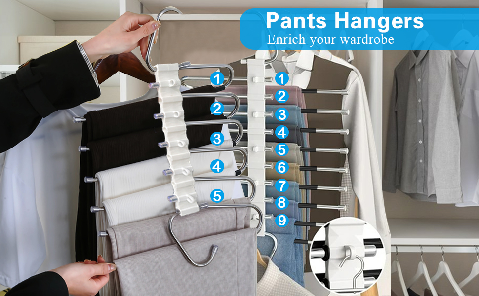 2-Piece Trouser Hangers Clothes Hangers Space-Saving Stainless Steel Non-Slip Foldable Multi-Functional Hanger for Trousers, Scarves, Jeans, Clothing, Towels (Black with 14 Clothes Hangers)