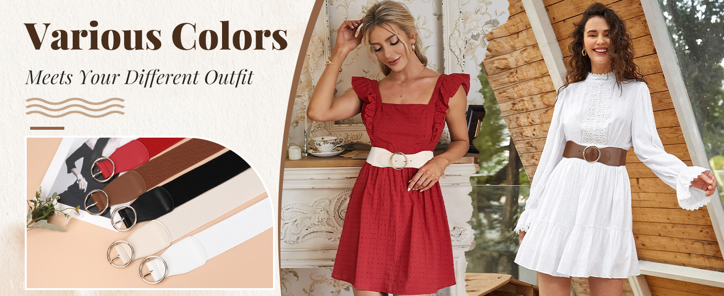 Еластичний пояс для жінок WERFORU 3 шт. Широкий ремінь для сукні, чорний+коричневий+бежевий, розмір M (73-82 см)