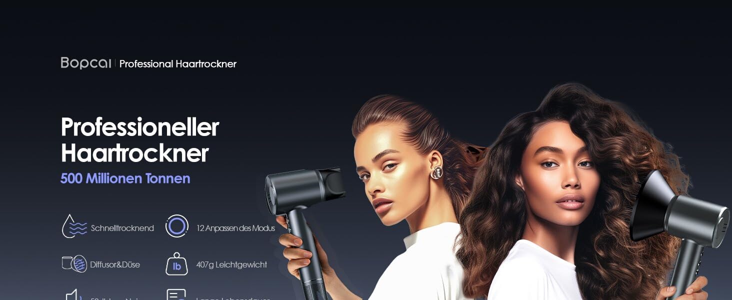 Іонізатор волосся Bopcal, 160000 об/хв, 500 млн іонів, з насадкою-дифузором, професійний фен для дому, салону, подорожей, 12 режимів, чорний