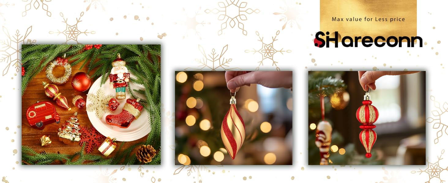 Набір прикрас на ялинку Shareconn 135 шт. – міцні ялинкові кулі з мотузкою, різні розміри та дизайни, декор для ялинки (червоний, зелений, золотий)