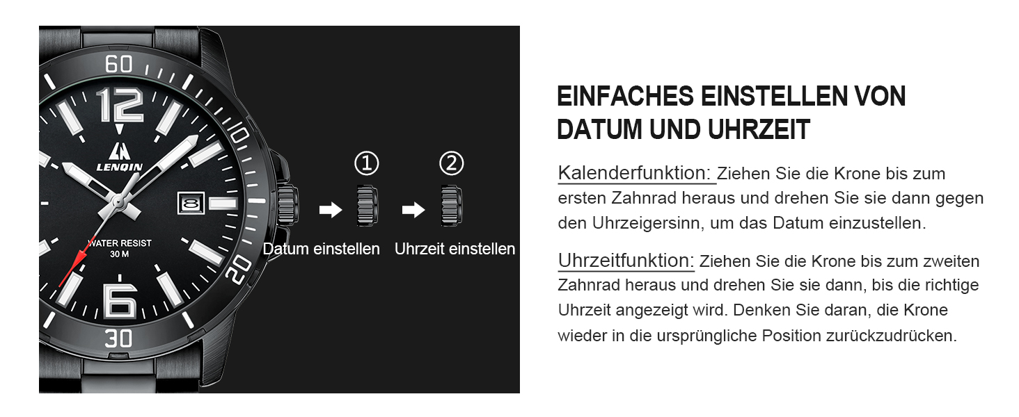 Годинник чоловічий LN LENQIN з нержавіючої сталі, водонепроникний, з датою, кварцовий, аналоговий, чорний, бізнес-стиль