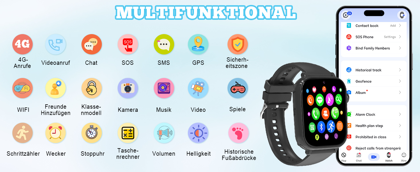 Дитячий розумний годинник GPS з телефоном та 4G, чорний: відеодзвінки, чат, шкільний режим, ігри, калькулятор, крокомір