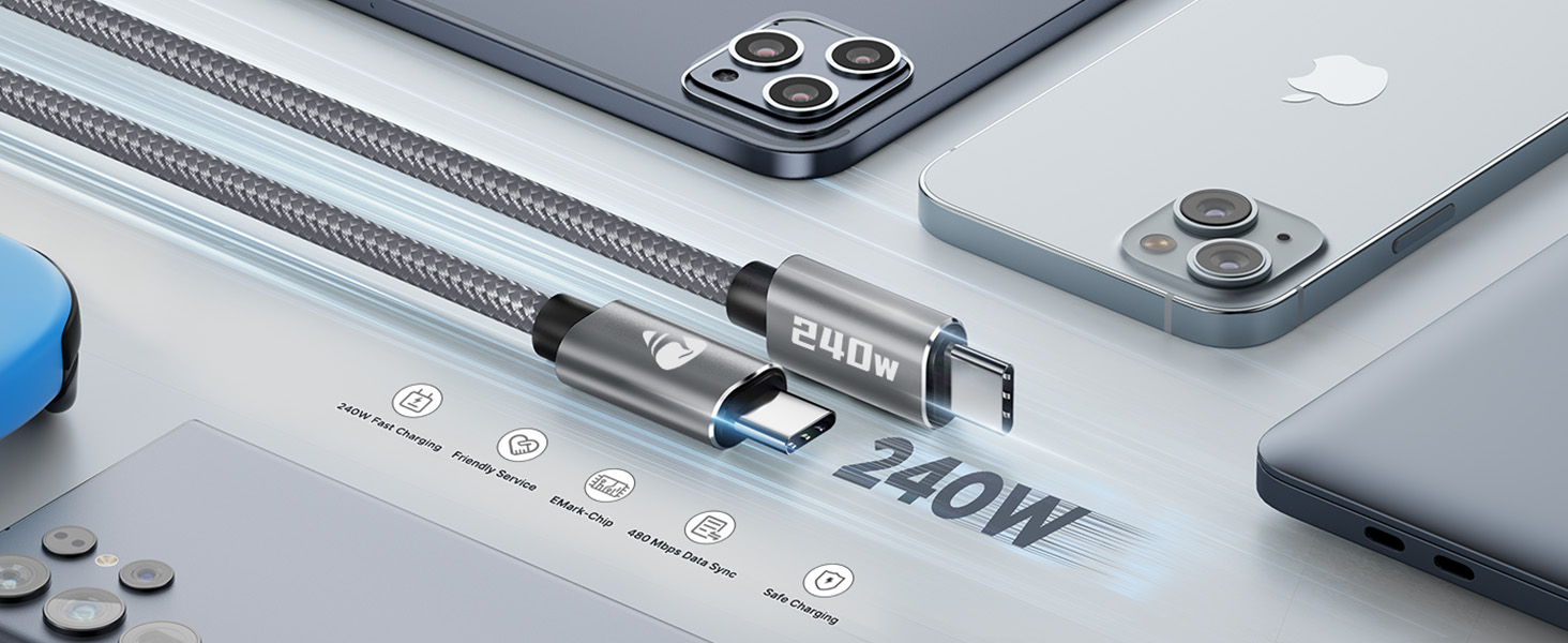 Кабель USB-C на USB-C 2 шт. 100W, 2м, сірий. Підтримка PD, швидка зарядка, нейлон. Сумісний з iPhone, Samsung, iPad, MacBook, Pixel, Switch