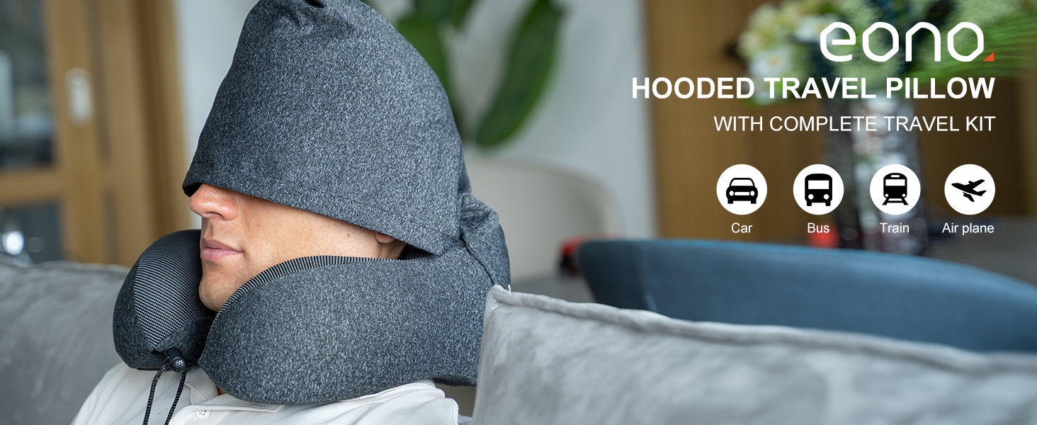 Подушка для шиї Eono з Memory Foam, з капюшоном, сірого кольору. Зручна подушка-вишийна для подорожей (літак, авто, поїзд, офіс, сон)