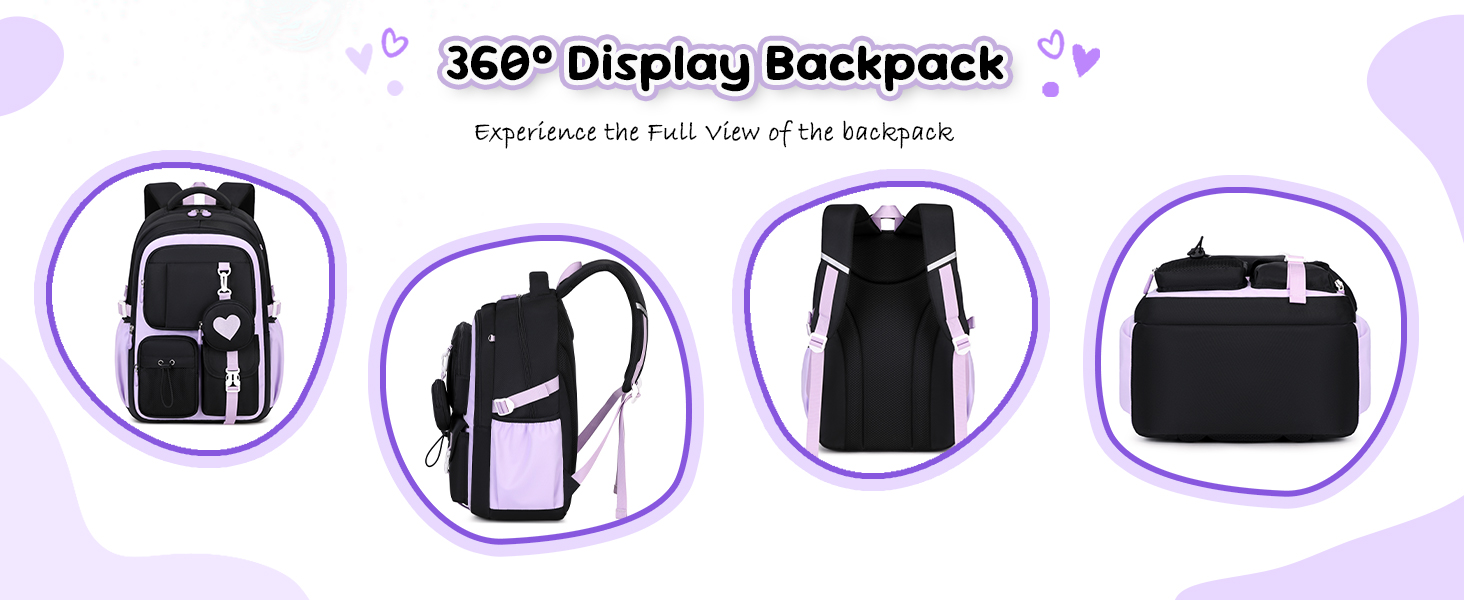 Шкільний рюкзак для дівчаток 1-5 класів з милим брелоком, стильний рюкзак для школи та подорожей, чорний