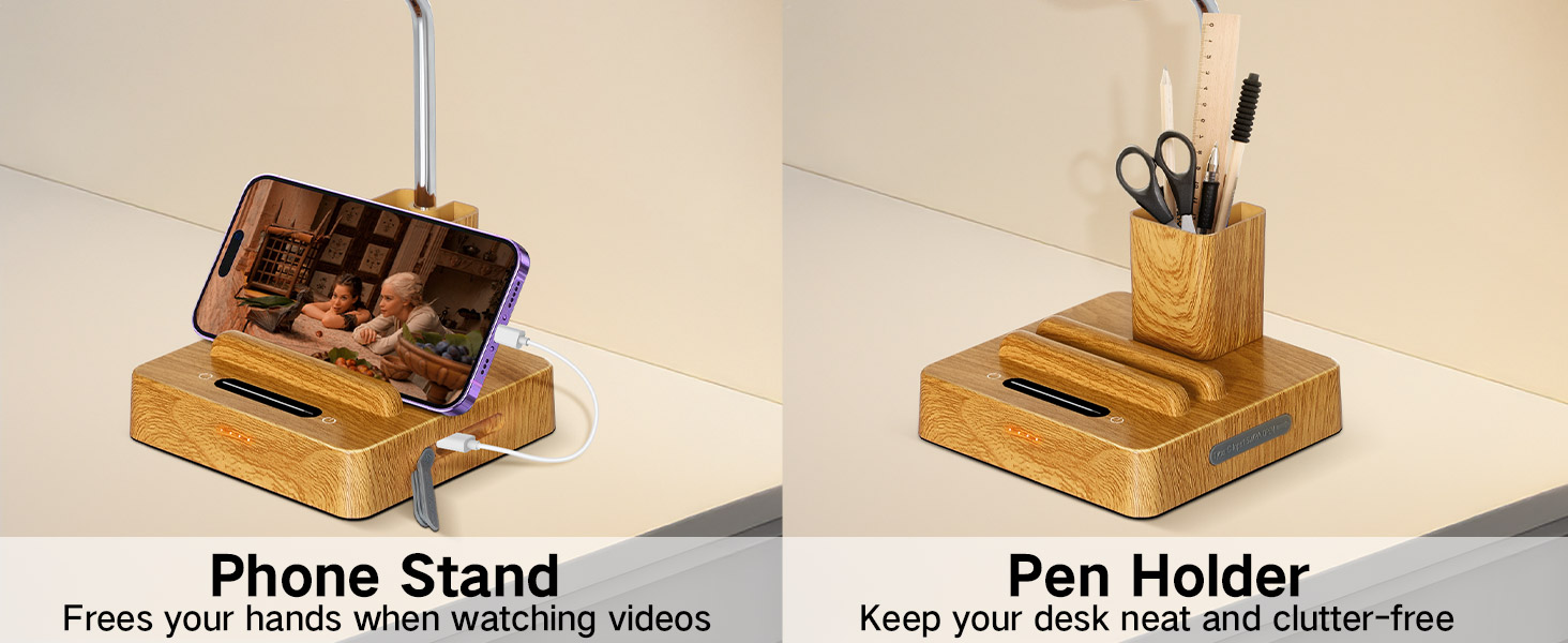 Настільна лампа світлодіодна OUTON 8000mAh бездротова з підставкою для ручок, акумуляторна, тканинний плафон, 3 режими світла, сенсорне керування, димування, індикатор заряду