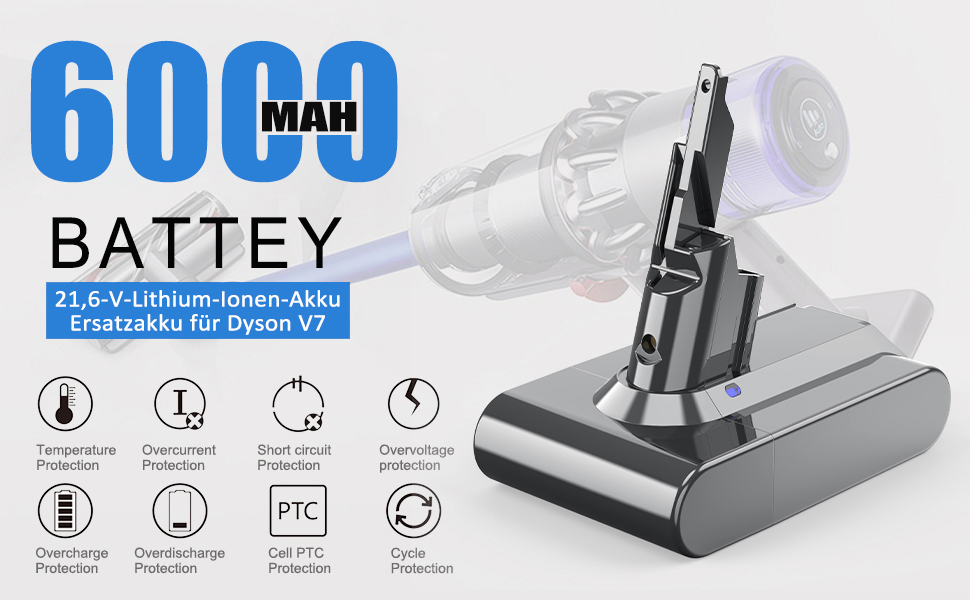 Замінний акумулятор V7 6.0Ah для пилососів Dyson V7 Animal, Cord-Free, Extra, Fluffy, Mattress, Motorhead, SV11, Trigger+ Pro Car+Boat + 3 фільтри