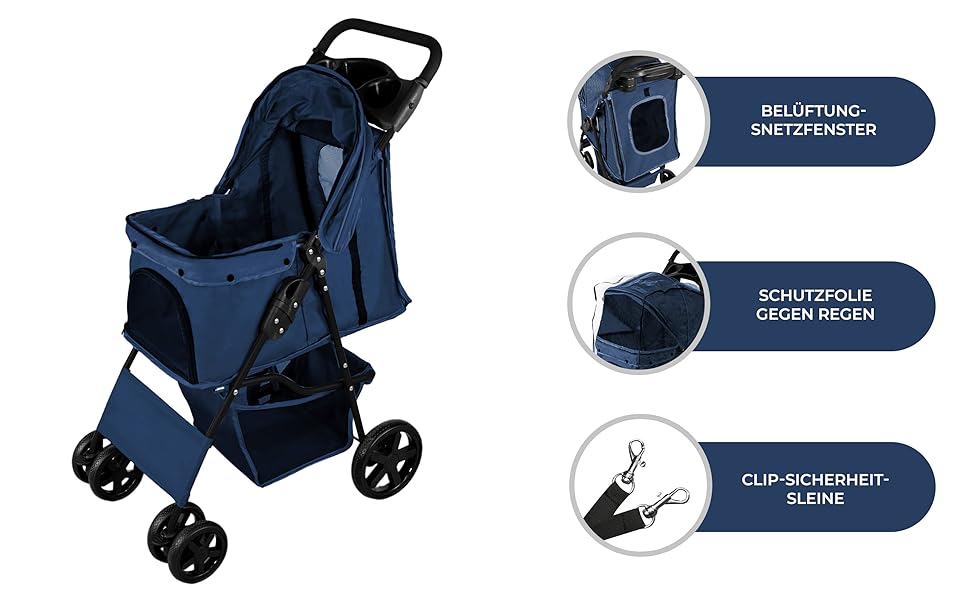 Трансформер для тварин Monster Shop з сумкою, знімний, складний, до 15 кг, колеса, гальма, сітчасте вікно, кошик, тримач для напоїв, кишені та водонепроникний захист від дощу (Морська синя)