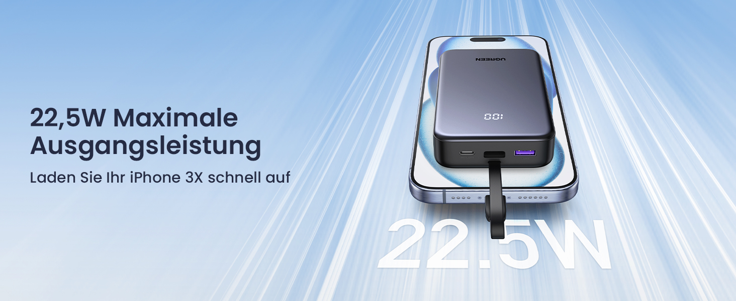 Power Bank UGREEN 20000mAh 22.5W з USB-C кабелем: заряд для iPhone, Samsung Galaxy та інших