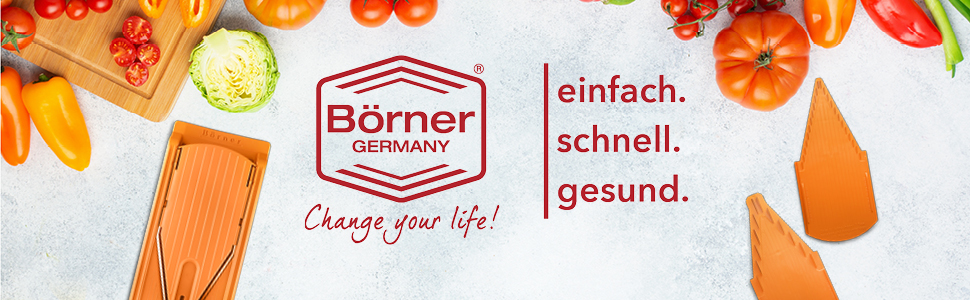 Овочерізка Börner V3 Plus з піддоном і спіральним ножем, регульована, для скибочок, соломки та кубиків, помаранчева