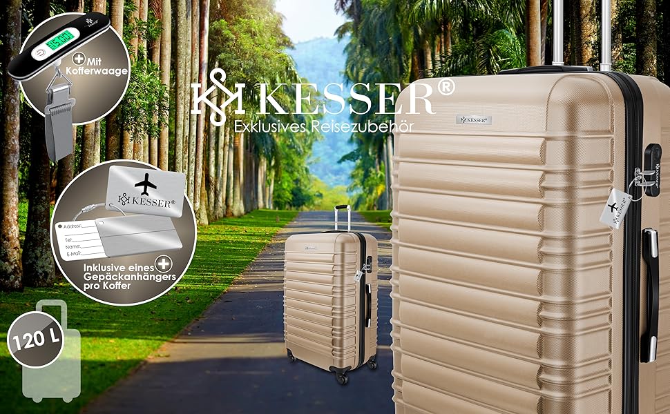 Валіза KESSER® 75 см 120 л, жорсткий ABS, з вагами та биркою, 4 колеса, телескопічна ручка, кодовий замок, шампань