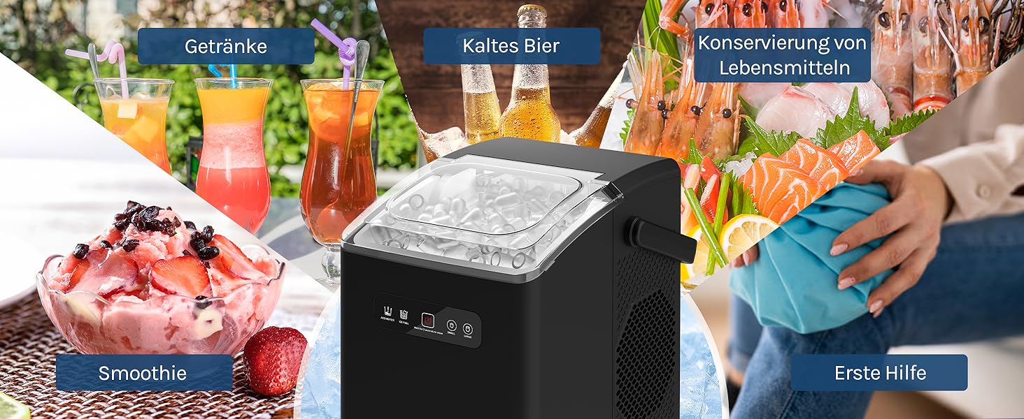 Машина для приготування льоду WOLTU 1.3L, чорна - 8 кубиків/6-8 хв, 12 кг/24 год, 2 розміри кубиків, з ручкою, самоочищення, для дому, кемпінгу, офісу
