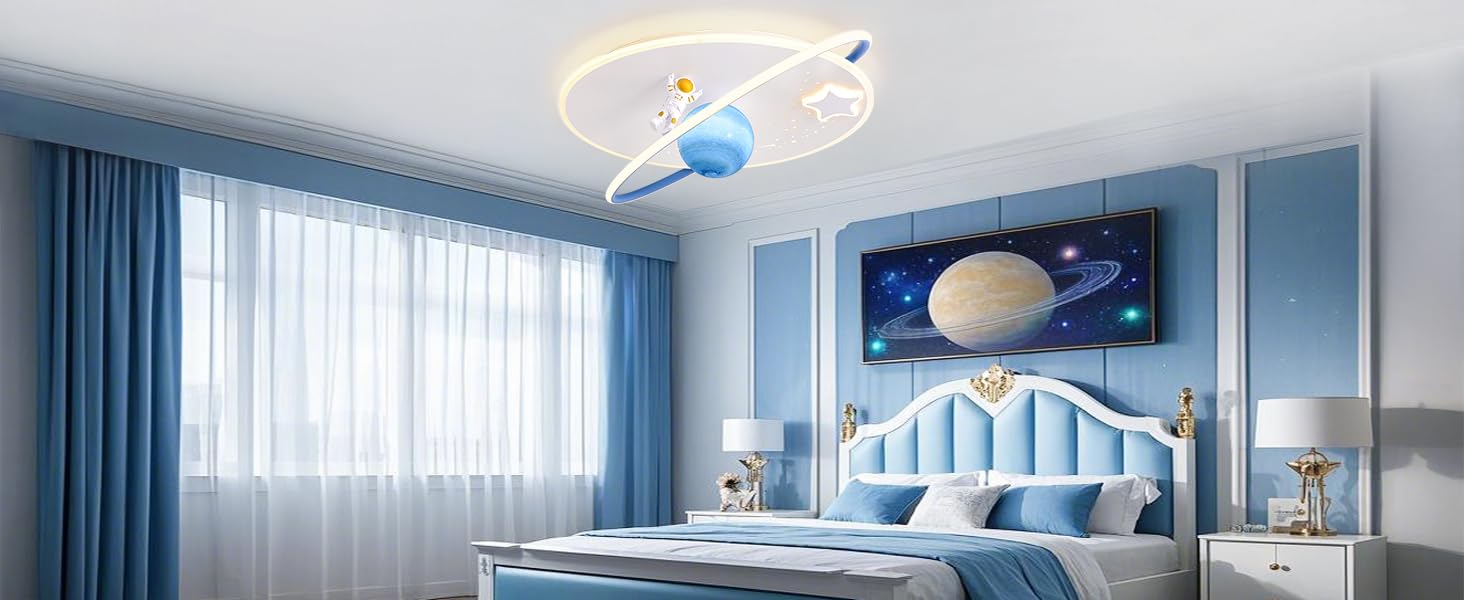 Дитяча стельова LED-лампа RRBEST Місяць та астронавт, диммована з пультом, біло-синя, для хлопчиків і дівчаток, 50 см, сучасний дизайн, декор для дитячої кімнати